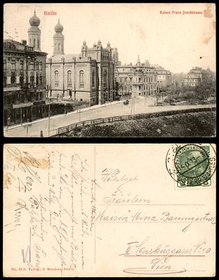 גלויה ישנה נושאת איור בית הכנסת ב BIELITZ, פולין. נשלחה ב 1913