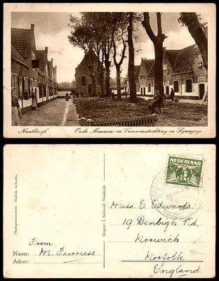 גלויה ישנה נושאת איור בית הכנסת ב NAALDWIJK, הולנד. נשלחה בשנת 1945. מעט קמטים. לא שכיח