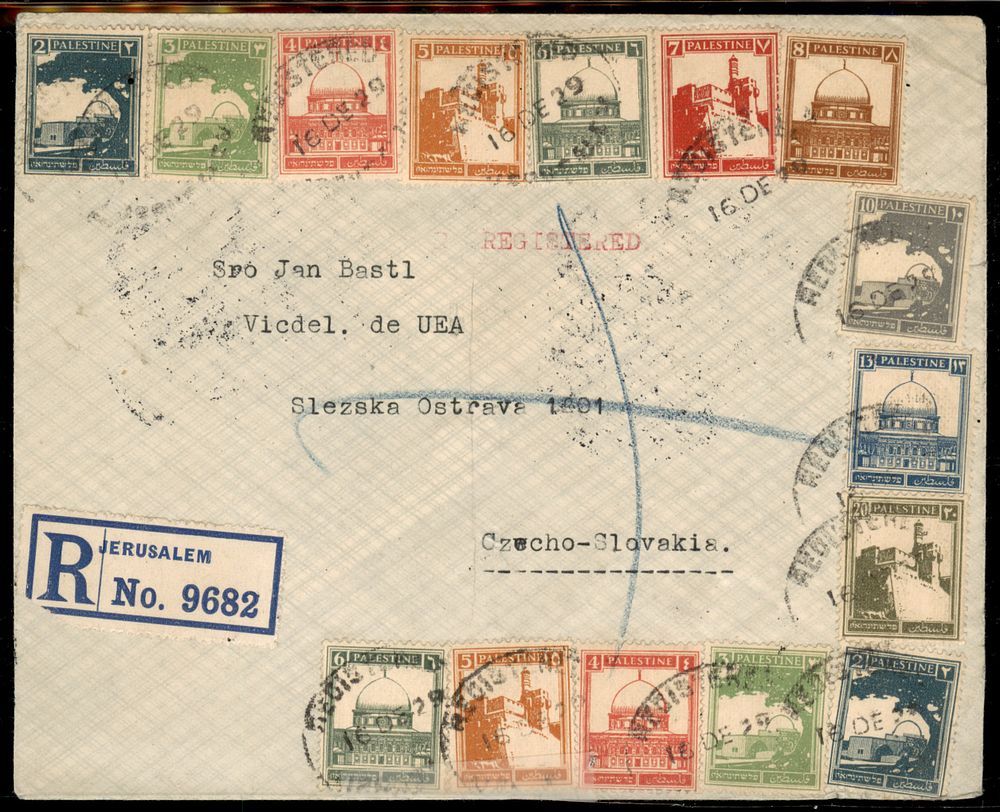 ארץ ישראל / פלשתינה הבריטית - 1929 מעטפה נושאת ביול מרשים של 15( ! ) בולי פיקטוריאלס. נשלחה 