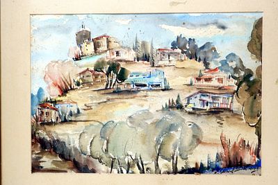 נחמיה שטנצל (1904-1991) נוף קיבוץ, עבדה מיוחדת . צבעי מים על נייר, 30X50 ס"מ