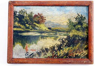 ציור מינאטורי - שאול אהלי נחל הירקון שמן על דיקט ממוסגר 15x10.5 ס"מ חתום