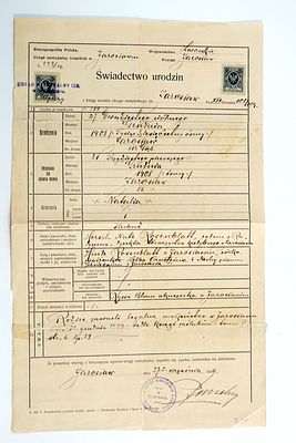 תעודת לידה פולנית משנת 1926 מהקהילה היהודית בירוסלב-פולין המאשרת את תעודת הלידה בשנת 1908, שם 