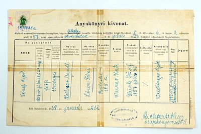 תעודת לידה הונגרית משנת 1938 המאשרת לידה שהתרחשה בשנת 1857 לתינוק זכר. שמות ההורים פני ומנדל 