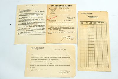 ארבע מסמכים בגרמנית מבנק הטמפלרים ביפו שנת 1937.