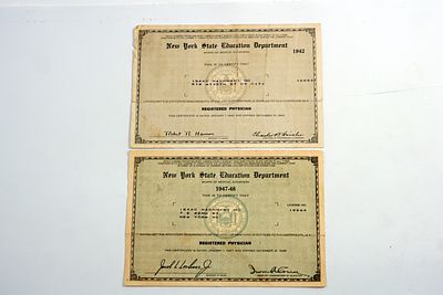 שתי תעודות מניו יורק של רישום והסמכה לרופא יצחק נחמני, 1947-1948.