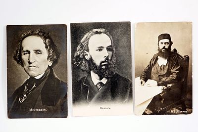 שלוש גלויות – דמויות יהודים: המלחין ג׳אקומו מאיירבר, סמיון ינקולביץ׳ והרב דינין.