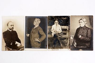 ארבע גלויות – סופרים ואומנים: אדם מיצקביץ׳, ויקטור ורסייב, רונלד ביקלין, לב טולסטוי.