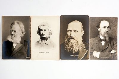 ארבע גלויות – סופרים ומשוררים: אדם מיצקביץ׳, יוזף קרשבסקי, ניקולאי נקרסוב, הנריק איבסן.