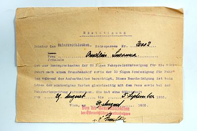 אישור מחברת הרכבות באוסטריה להנחה בנסיעה, 29.08.1938.