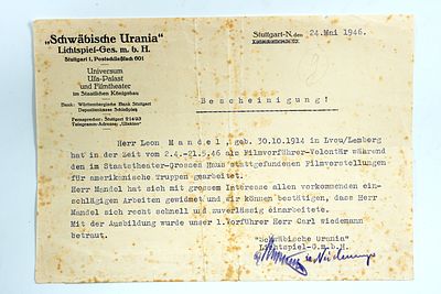אישור עבודה בגרמנית משנת 1946 לליאון מנדל, מתנדב להקרנת סרטים עבור הצבא האמריקאי.