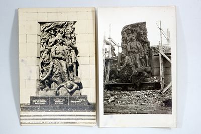 שני צילומים של אנדרטת גיבורי גטו ורשה – אחד בזמן הבנייה ואחד לאחר סיומה. 16.4.1948.