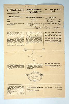 תעודת רופא ממשרד הארץ־הישראלי המרכזי בוורשה, 1935, המאשרת כשירות ובריאות לעלייה.