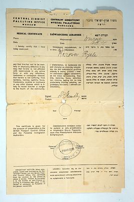 תעודת רופא זהה ממשרד הארץ־הישראלי המרכזי בוורשה, 1935.