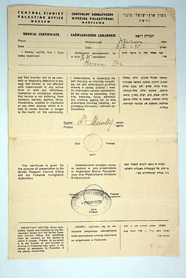 תעודת רופא זהה ממשרד הארץ־הישראלי המרכזי בוורשה, 1935.