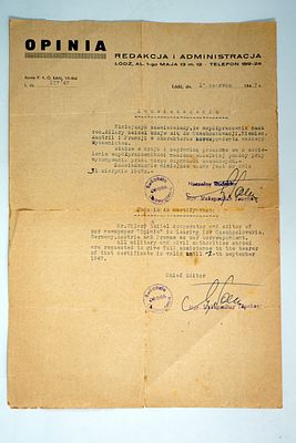 מסמך ממערכת העיתון הפולני 'אופיניה' בלודג', 17.9.1947, המאשר נסיעת הכתב לילל זידל באירופה.