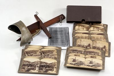 סטריאוסקופ ואוסף תצלומים סטריאוסקופיים נדיר – ירושלים אוסף מלא 27 תמונות כולל חוברת הדרכה, המאה 