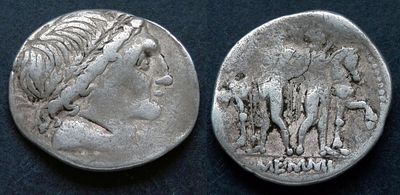 Римская республика, Л.Меммий, 109-108 год до Р.Х., денарий. AR денарий, вес 3.78 гр., диаметр 