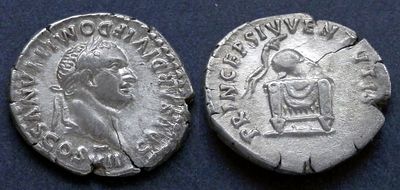 Римская империя, Домициан, 81-96 годы, денарий. AR денарий, вес 3.42 гр., диаметр 19 мм.Место 