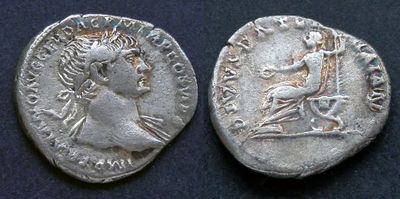 Римская империя, Траян, 98-117 годы, денарий. AR денарий, вес 3.04 гр., диаметр 19 мм.Место 