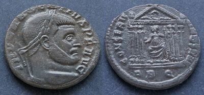 Римская империя, Максенций, 306-312 годы, нуммий. АЕ нуммий, вес 6.90 гр., диаметр 23 мм.Место 