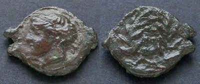 Сицилия, Гимера, 415-409 годы до Р.Х., гемилитрон. АЕ гемилитрон, вес 3.77 гр., диаметр 16 