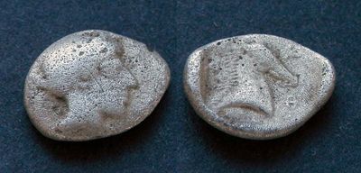 Фессалия, Фарсал, 440-420 годы до Р.Х., обол. AR обол, вес 0.86 гр., диаметр 10 мм. Место 