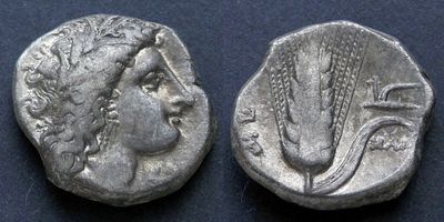 Лукания, Метапонт, 330-290 годы до Р.Х., тридрахма. AR тридрахма (номос), вес 7.82 гр., диаметр 