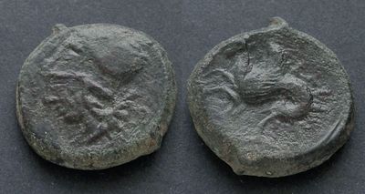 Сицилия, Сиракузы, 375-344 годы до Р.Х., АЕ19. АЕ, вес 7.03 гр., диаметр 19 мм.Место чеканки: 