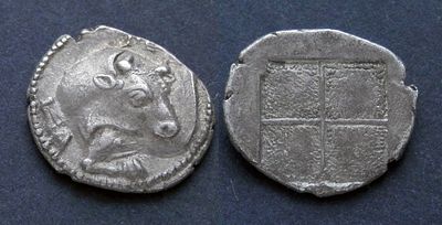 Македония, Аканф, 430-390 годы до Р.Х., тетробол. AR тетробол, вес 2.32 гр., диаметр 15 мм. 