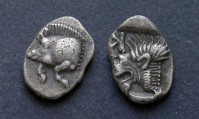 Мизия, Кизик, 450-400 годы до Р.Х., обол. AR обол, вес 0.81 гр., диаметр 10 мм. Место чеканки: 