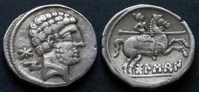 Кельтиберия, Болскан (Оска), 150-100 годы до Р.Х., денарий. АR денарий, вес 4.27 гр., диаметр 