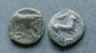 Сицилия, Панорм, 336-330 годы до Р.Х., АЕ12. АЕ, вес 1.55 гр., диаметр 12 мм.Место чеканки: 