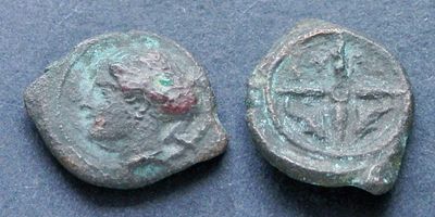 Сицилия, Сиракузы, 415-405 годы до Р.Х., АЕ16. AЕ, вес 2.94 гр., диаметр 16 мм.Место чеканки: 