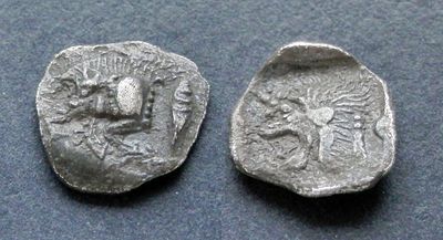 Мизия, Кизик, 450-400 годы до Р.Х., гемиобол. AR гемиобол, вес 0.38 гр., диаметр 9 мм. Место 