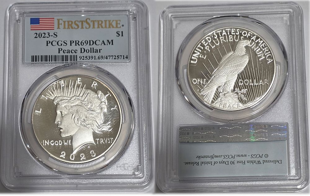 מטבע כסף טהור 999 פייס Peace דולר שנת 2023 
מדורג PCGS בדרוג 69 (FirstStrike) 
(LIMITED 