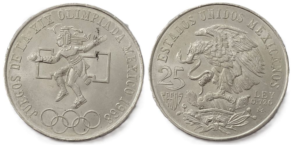 מטבע כסף בטוהר 720 אולימפיאדת מקסיקו 1968, 25 פסו במצב AU. מדינה: מקסיקו 
שנה: 1968 
מתכת: כסף 
