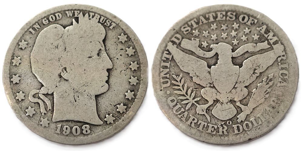 מטבע כסף בטוהר 900 Barber Quarters שנת 1908
(מטבע אספנות). שנת הנפקה: 
1908 
מדינה: 
ארה"ב 