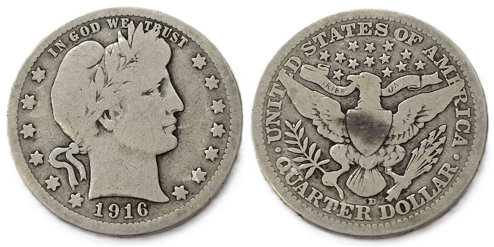 מטבע כסף בטוהר 900 Barber Quarters שנת 1916
(מטבע אספנות). שנת הנפקה: 
1916 
מדינה: 
ארה"ב 