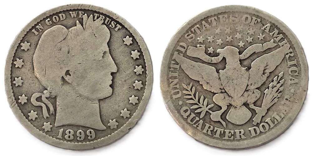 מטבע כסף בטוהר 900 Barber Quarters שנת 1899
(מטבע אספנות). שנת הנפקה: 
1899 
מדינה: 
ארה"ב 