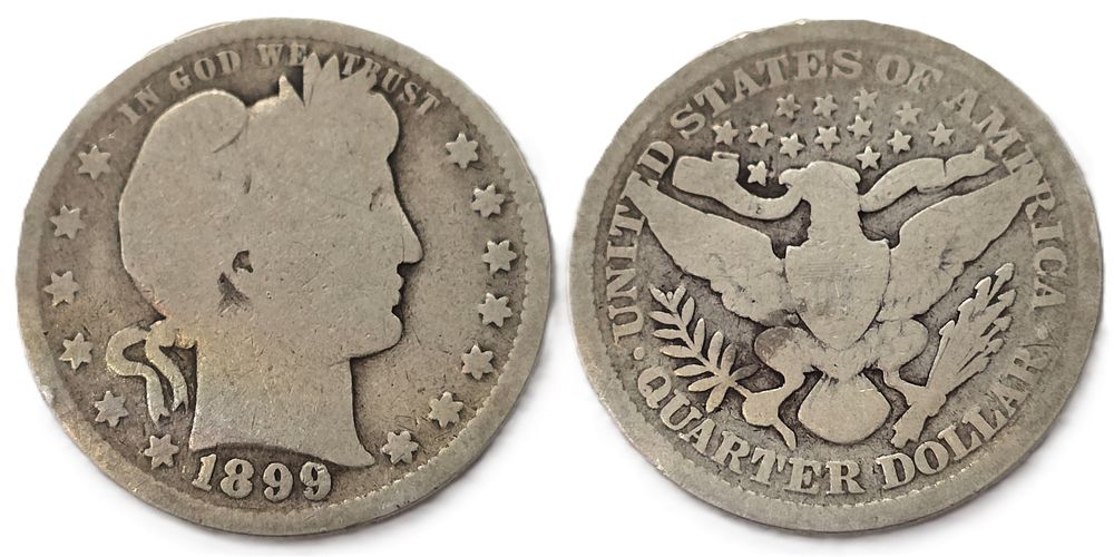 מטבע כסף בטוהר 900 Barber Quarters שנת 1899
(מטבע אספנות). שנת הנפקה: 
1899 
מדינה: 
ארה"ב 