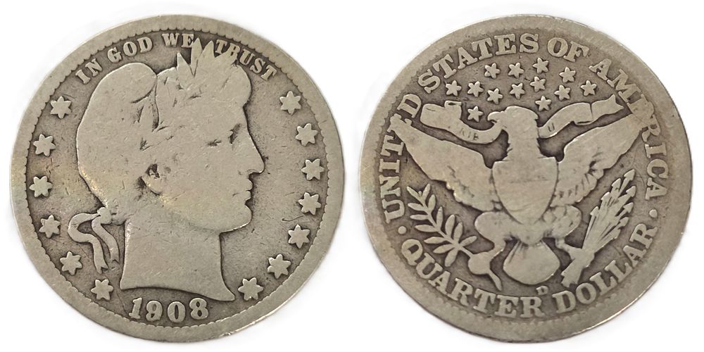 1908 Barber Quarters 900 Fine Silver Coin
(Collectible Coin). Year of issue: 1908 
Country: USA 
