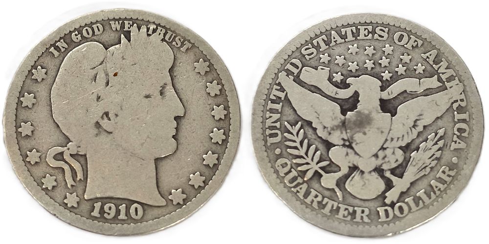 1910 Barber Quarters 900 Fine Silver Coin
(Collectible Coin). Year of issue: 1910 
Country: USA 