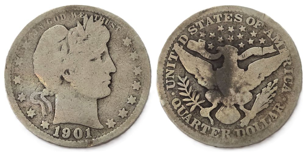 900 Fine Silver Barber Quarters 1901
(Collectible Coin). Year of issue: 1901 
Country: USA 