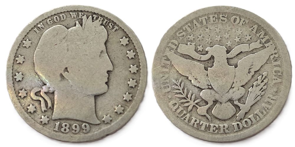 1899 Barber Quarters 900 Fine Silver Coin
(Collectible Coin). Year of issue: 1899 
Country: USA 