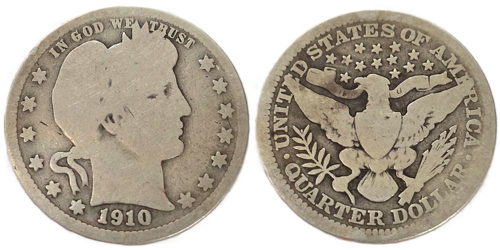 1910 Barber Quarters 900 Fine Silver Coin
(Collectible Coin). Year of issue: 1910 
Country: USA 