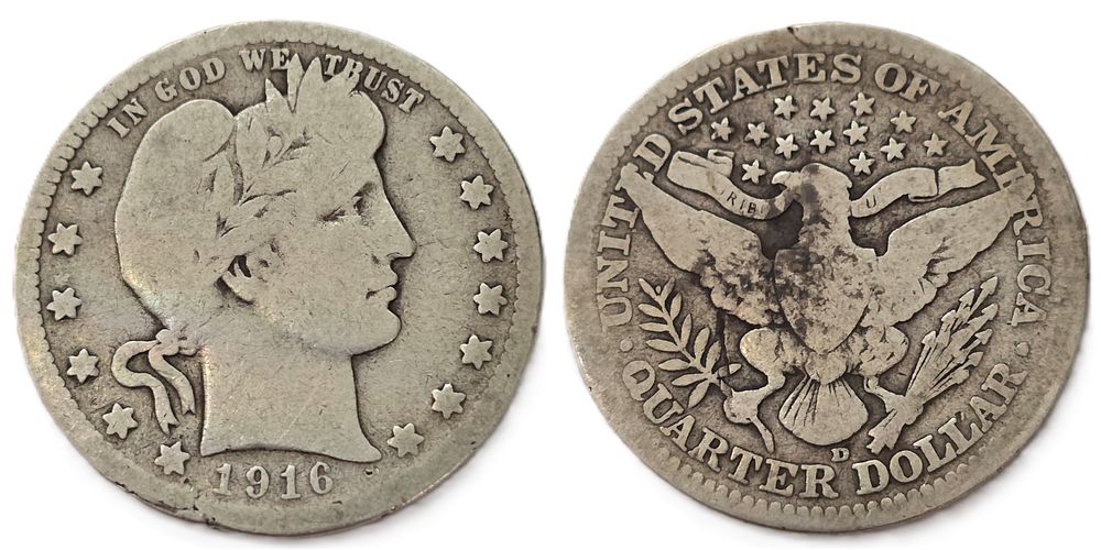 1916 Barber Quarters 900 Fine Silver Coin
(Collectible Coin). Year of issue: 1916 
Country: USA 