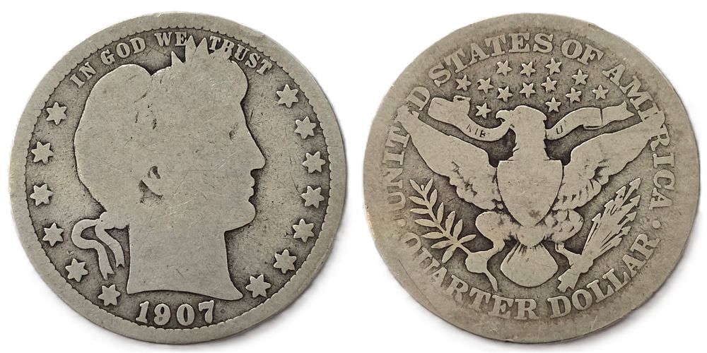 1907 Barber Quarters 900 Fine Silver Coin
(Collectible Coin). Year of issue: 1907 
Country: USA 
