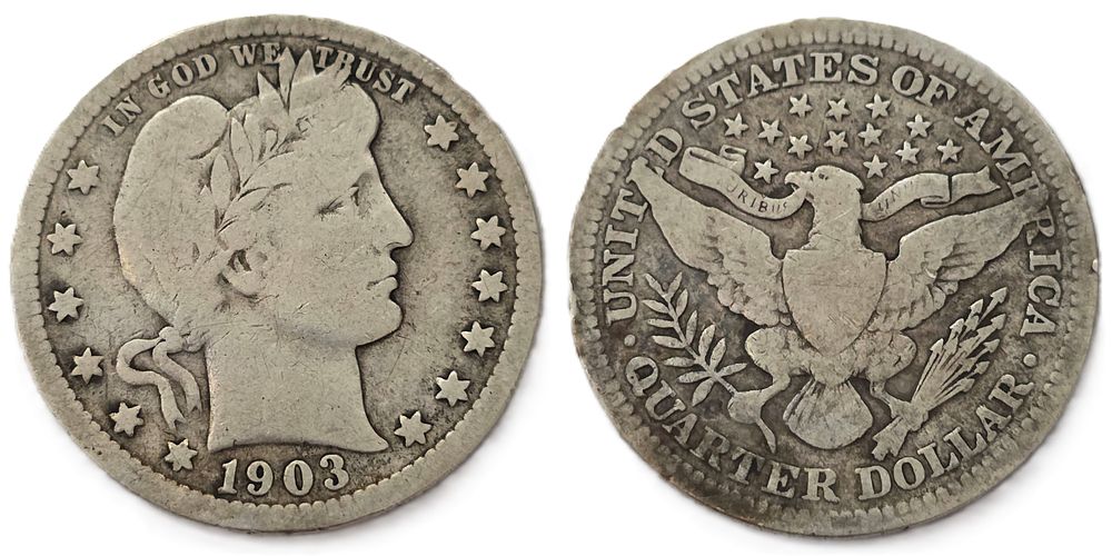 1903 Barber Quarters 900 Fine Silver Coin
(Collectible Coin). Year of issue: 1903 
Country: USA 