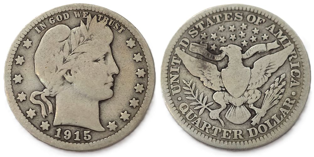 1915 Barber Quarters 900 Fine Silver Coin
(Collectible Coin). Year of issue: 1915 
Country: USA 