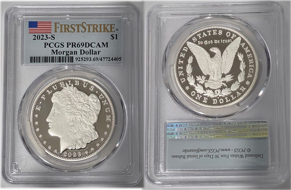 מטבע כסף טהור 999 מורגן Morgan דולר שנת 2023 מדורג PCGS בדרוג 69 (FirstStrike) (LIMITED 